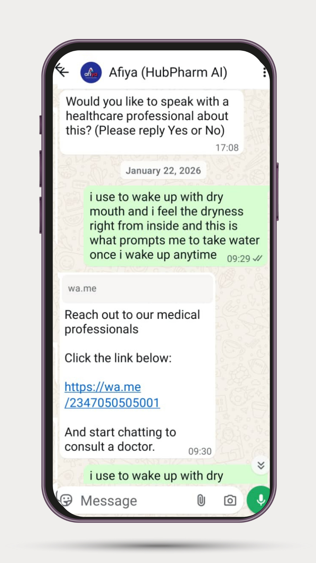 Afiya CDT sharing clinical decision support information on WhatsApp